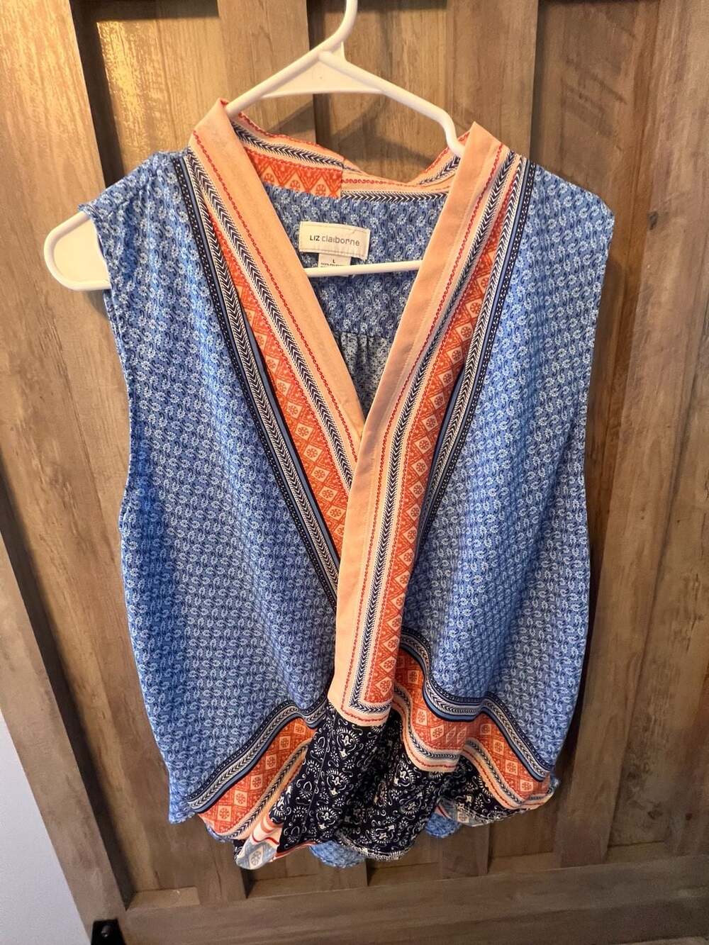 Liz Claiborne Women's Blue Coral Patterned Sleeveless V-Neck Wrap Blouse Size L